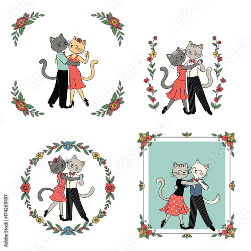 Whimsical dancing cats celebrating love and romance in a garden setting.