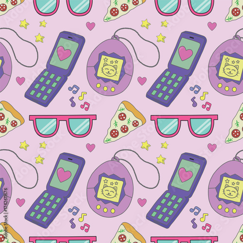 Seamless pattern with tamogochi, mobile phone 