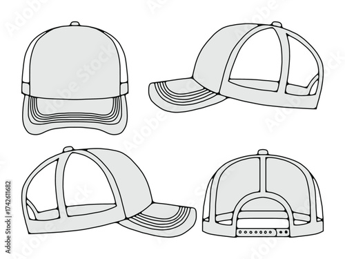 Snapback Hat Template. Front and Back Vector Design. Trucker Caps Vector. Unisex Cap Mockup Template
