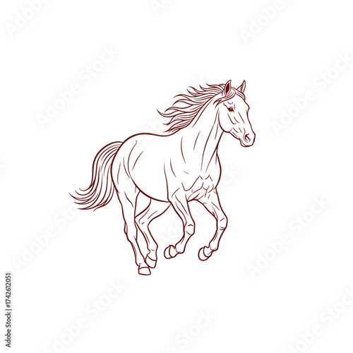 A detailed outline of a beautiful horse running with its mane and tail flowing.