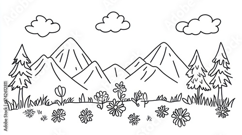 Scenic view, mountains, trees, clouds, fields, drawing for coloring, nature, outdoor, travel, landscape