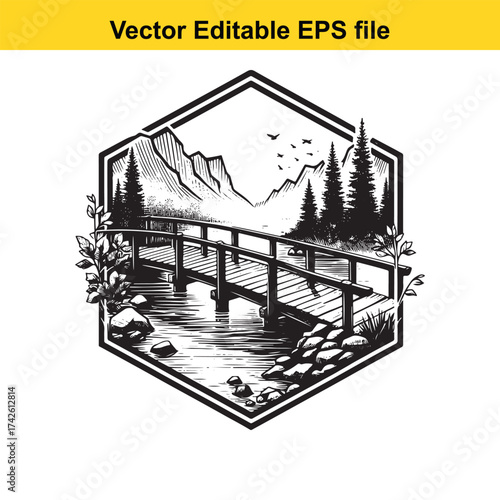 Vector art of wooden bridge over a stream in a forest, hexagonal frame