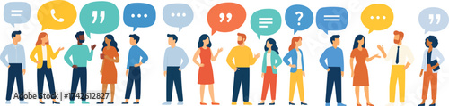 Flat vector lineup of diverse professionals with large speech bubbles showing chat, quotes, phone, and questions; concept for communication, discussion, teamwork, feedback, and social interaction.