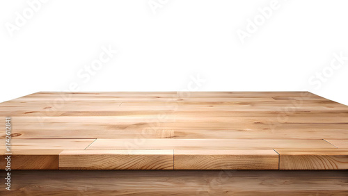 Empty wooden table top in perspective view. Light wooden surface for product display, isolated on a transparent background.