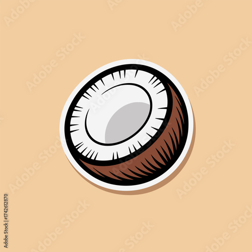 A stickerstyle illustration of a halfcut coconut, showcasing its white flesh and brown shell, set against a soft, pastel background, ideal for digital designs and creative projects