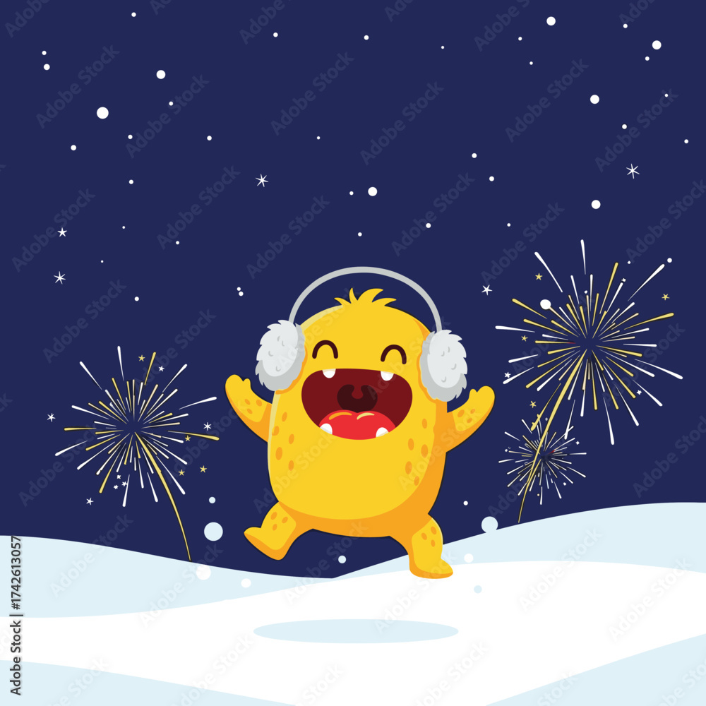 Fototapeta premium A cute yellow monster celebrates a joyful winter holiday with fireworks.