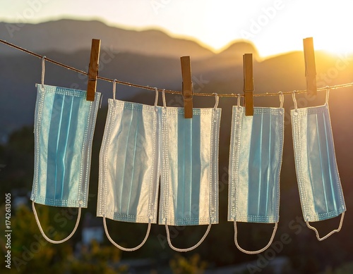 Masks drying on a line against a sunlit mountain backdrop
