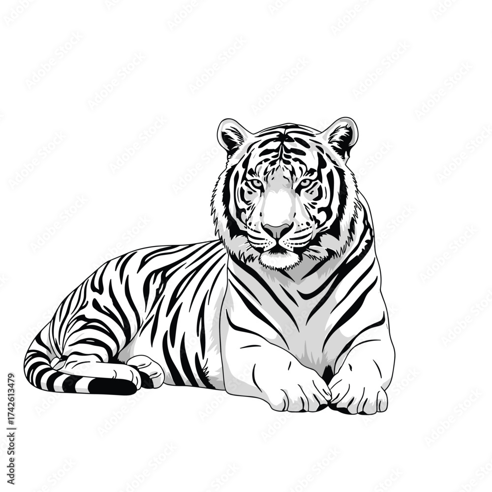 Obraz premium A striking white tiger with black stripes rests majestically on a plain white background.