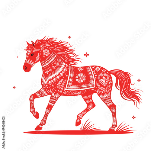 A beautifully decorated red horse in motion with intricate cultural patterns on its body suggesting traditional artistry.