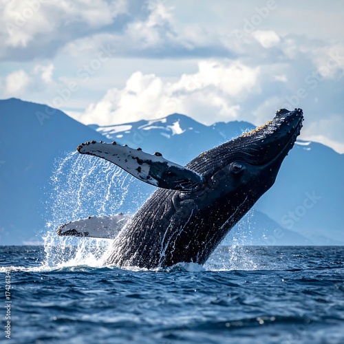 Humpback whale breaching in the ocean with mountains