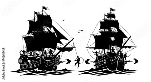 Pirate ships battling on turbulent waters with sails raised  