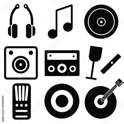 Digital audio music player icons vector set with microphone, speaker, and camera photo equipment symbols