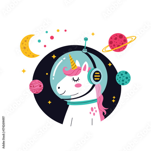 A whimsical unicorn astronaut explores the colorful cosmos among planets and stars.