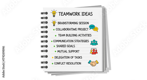 Teamwork ideas notebook with brainstorming, collaboration, communication, and conflict resolution concepts.