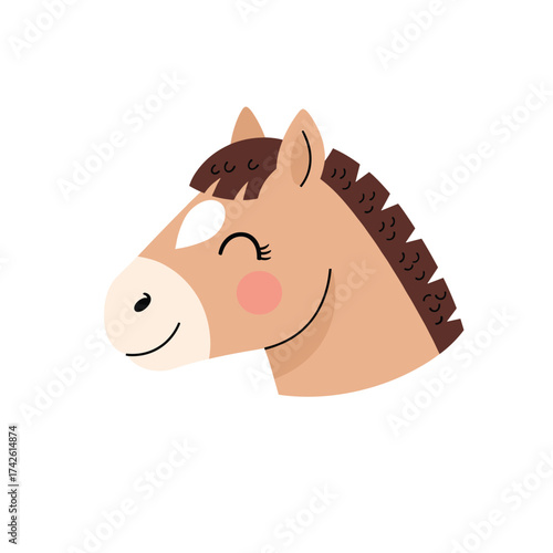 A delightful cartoon illustration of a smiling horse's head.