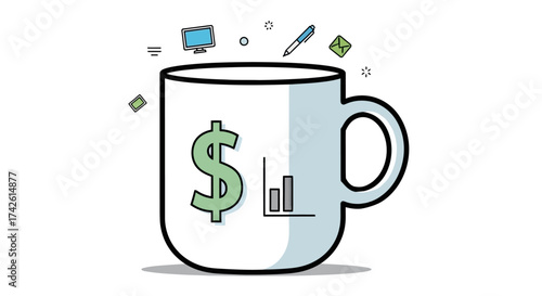 Illustration of a white mug with a dollar sign and bar graph on it.