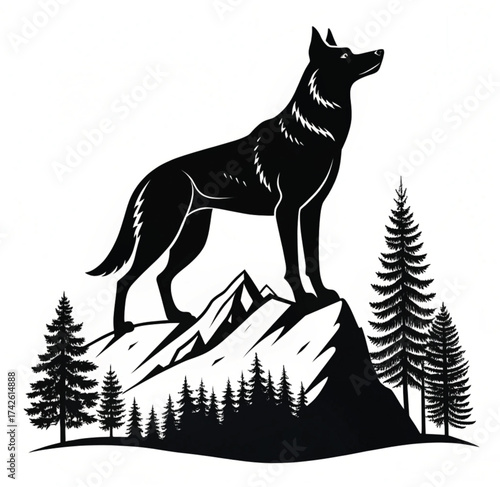 White wolf howling at the moon in a black silhouette against the snow, a wild animal illustration of nature's wildlife