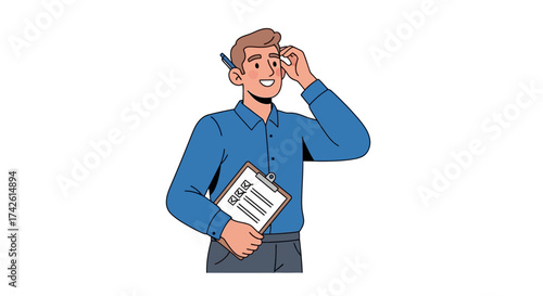 Man with clipboard looking through imaginary binoculars, vector illustration.