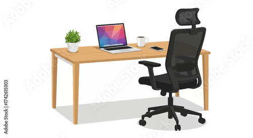 Illustration of a desk with a laptop, plant, and chair in an office setting.