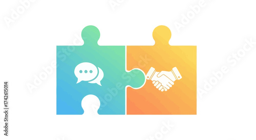 Puzzle pieces joining with communication and handshake icons.