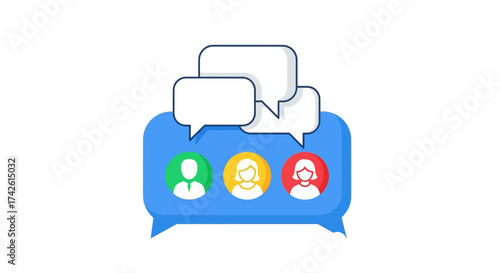 Illustration of a group chat with three users and speech bubbles.
