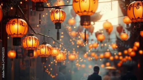 Fusion of american industry and japanese calligraphy illuminated with lanterns in a tech-savvy artistic harmony of culture and tradition
