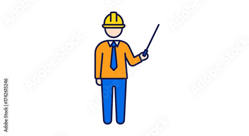 Illustration of a construction worker with a pointer.