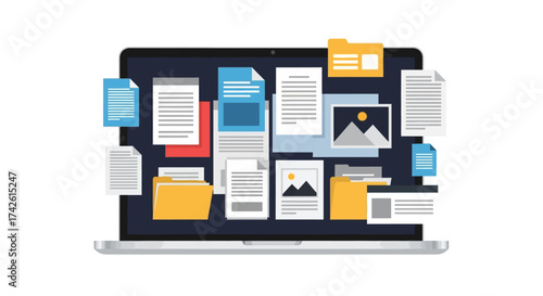 Laptop screen filled with documents, files, and images, representing digital clutter and information overload.