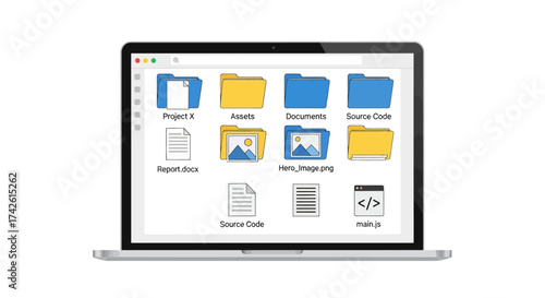 Laptop screen displaying various folders and files on a white background.