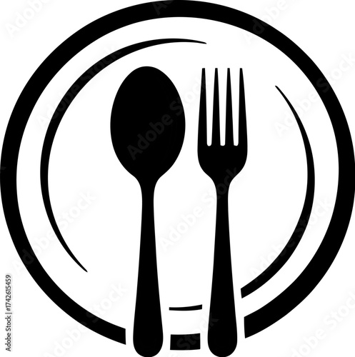Plate with Spoon and Fork Silhouette – Black and White Vector Icon Representing Dining, Culinary Arts, and Food Service for Restaurant and Kitchen Design