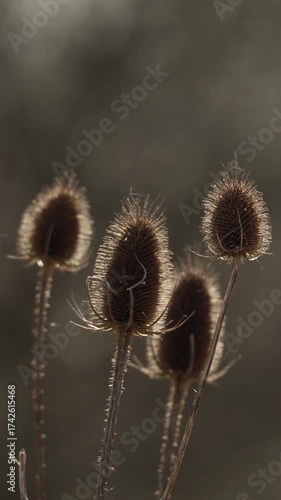 vertical video of backlit teasel plants moving in the summer breeze 