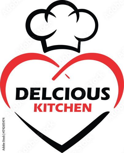 Chef Hat and Heart Logo – Culinary Branding Symbol with Text 'Delicious Kitchen' in Red and Black – Food, Love, and Cooking Icon for Restaurant Design