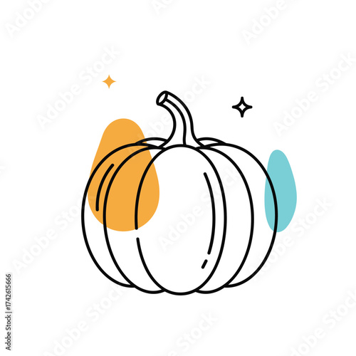 A minimalist line art illustration of a plump pumpkin with subtle abstract organic shapes and a few scattered sparkles suggesting a festive autumn atmosphere.