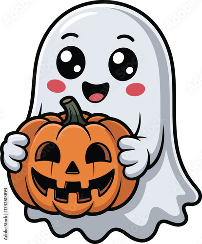 Cartoon Ghost Holding Jack-o'-Lantern – Cute Halloween Character with Smiling Pumpkin and Pink Cheeks – Festive Illustration for Spooky Seasonal Design