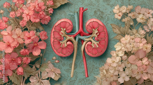 Illustration of human kidneys and adrenal glands with a soft pastel floral background and open space for notes