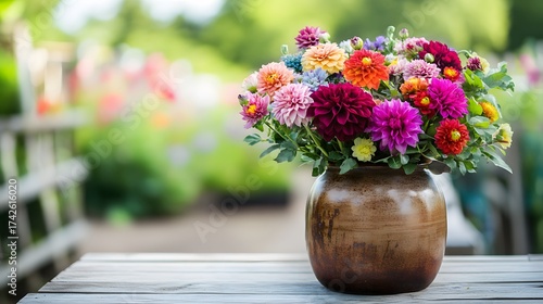 Wallpaper Mural Colorful dahlia flowers arrangement in vintage vase on a wooden table, garden background Torontodigital.ca