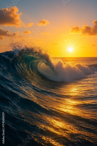Powerful ocean wave crashing during vibrant sunset