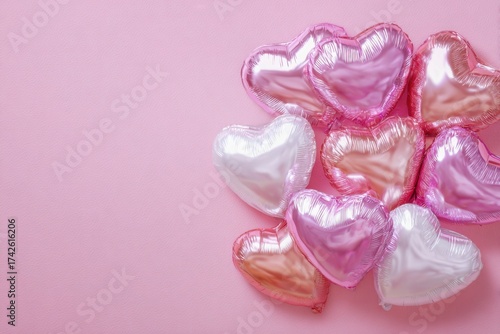 Heart shaped balloon. White silver and pink colored party balloons on a pastel background. Glossy, shiny foil balloons. Good for anniversary wedding, celebration birthday. Happy St. Valentine's day.