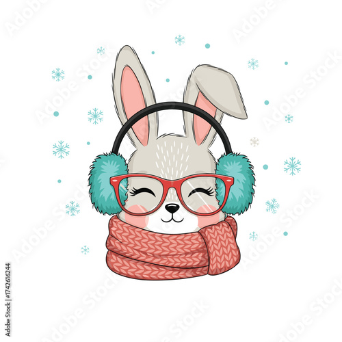 A cute cartoon bunny wearing glasses a scarf and earmuffs in the snow.