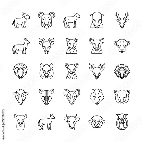 Set of 25 animal outline icons arranged in a 5x5 grid