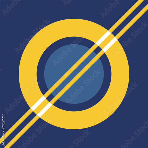 Concentric circles stripes in yellow and navy blue abstract design, Abstract geometric design with concentric yellow circles and dark blue background, featuring diagonal stripes for a dynamic feel.