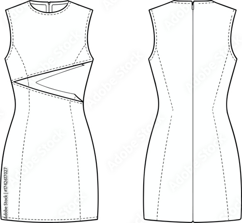 Elegant sleeveless bodycon mini dress fashion flat sketch with unique asymmetric cutout waist design, technical outline drawing for designers