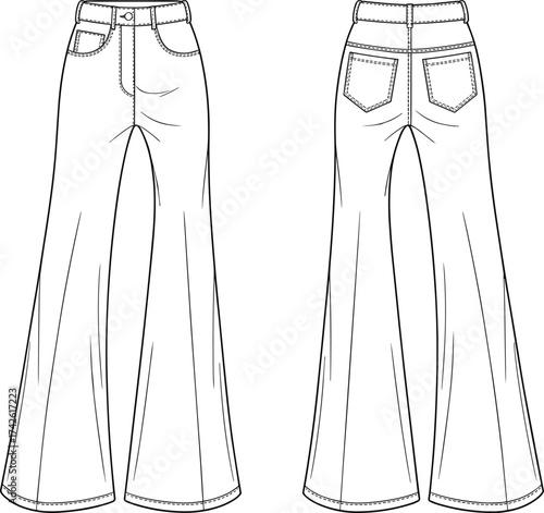 High waist flared jeans flat sketch front and back view technical fashion vector illustration for apparel design and garment template
