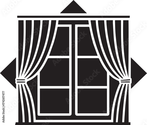Elegant black and white silhouette of a classic window with draped curtains and decorative diamond accents