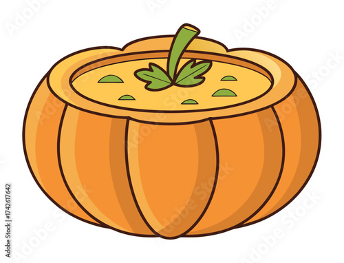 Pumpkin soup bowl illustration for fall harvest and holiday celebrations