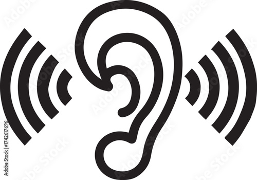 Simple black outline drawing of a human ear with sound waves emanating from both sides symbolizing hearing and listening