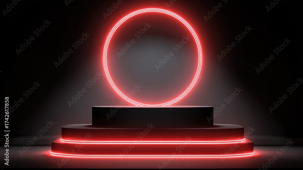Obraz premium glowing red neon circle on podium