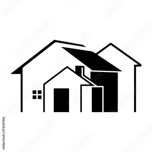 Silhouette of three distinct house shapes interlocked in varying sizes