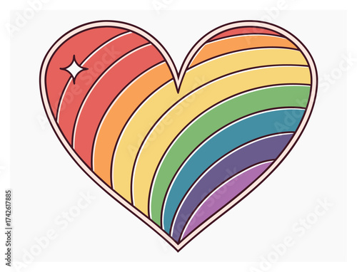 Retro style heart with rainbow stripes and shining star graphic element