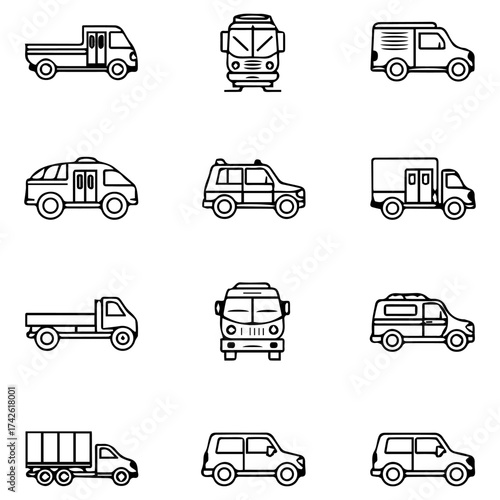 Assortment of 12 blackwhite lineart car icons on white background